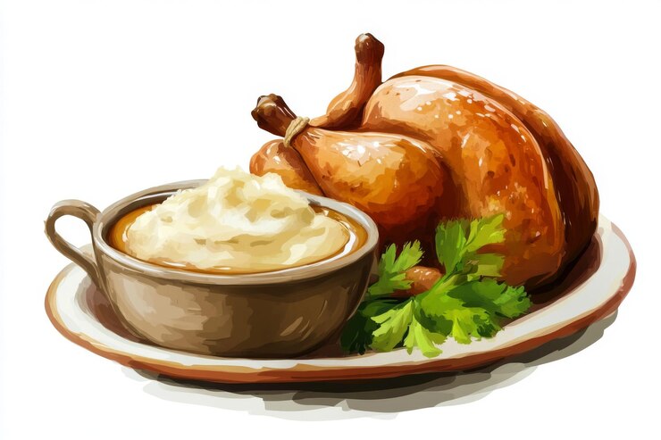 PSD delicious roasted chicken with creamy mashed potatoes and fresh parsley on a plate