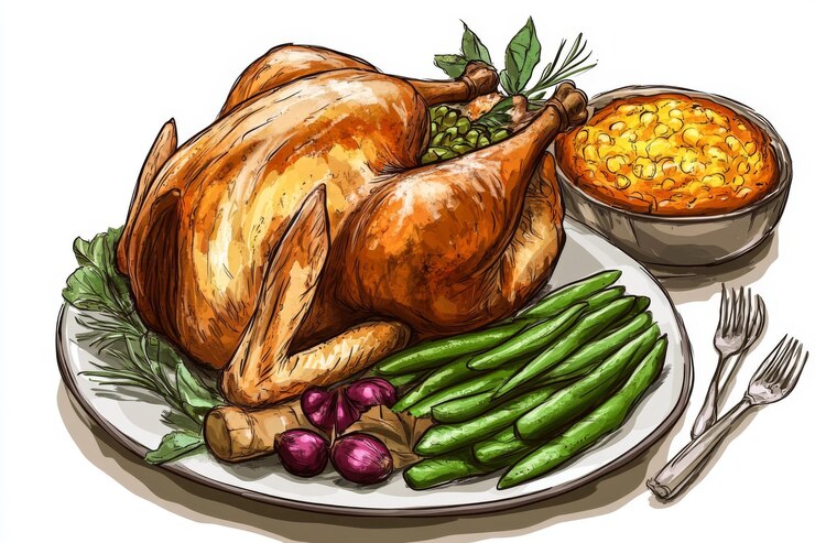 PSD delicious roasted turkey with vegetables and macaroni and cheese on a festive dinner table setting
