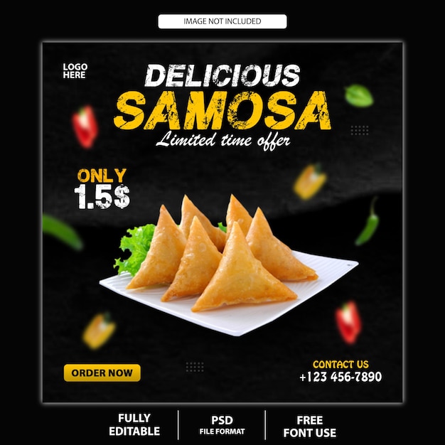 PSD delicious samosa and food menu social media post banner