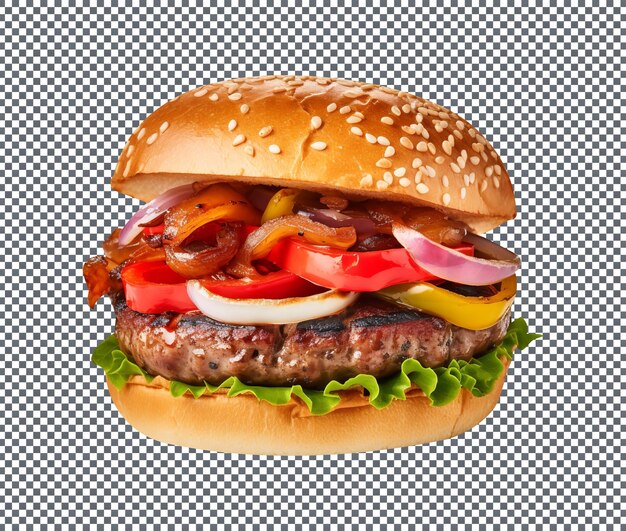 Delicious sausage and peppers burger isolated on transparent background