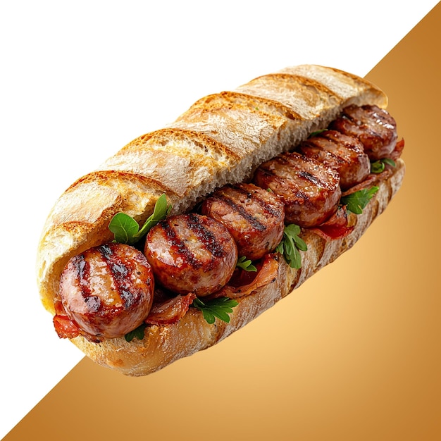 delicious sausage sandwich with grilled meat and fresh herbs on rustic bread