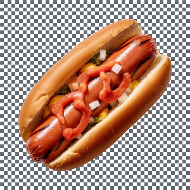 Delicious sausage sandwich with sauces and vegetable slices on transparent background