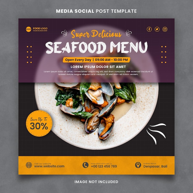 Modello di post sui social media del menu del ristorante di pesce delizioso