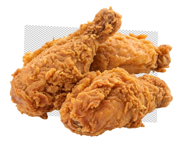 맛있는 크립시 프라이드 치킨과 골든 프라이드 김이 완벽하게 배열되어 고립되어 있습니다.