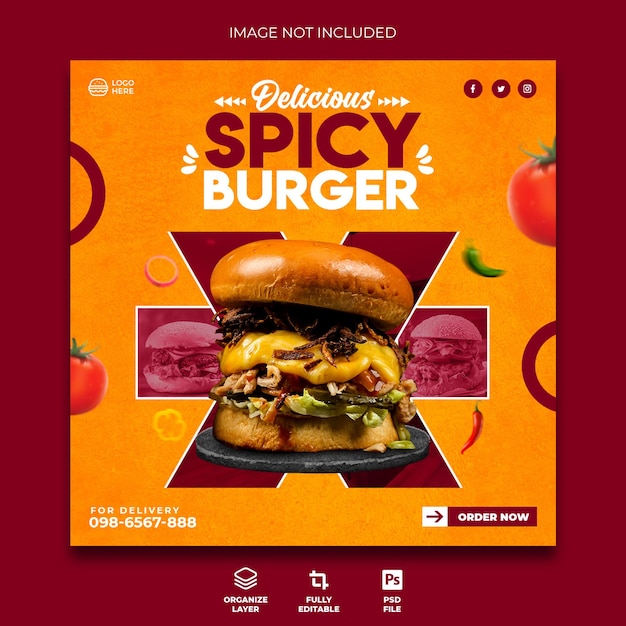 PSD design del post promozionale delizioso hamburger piccante