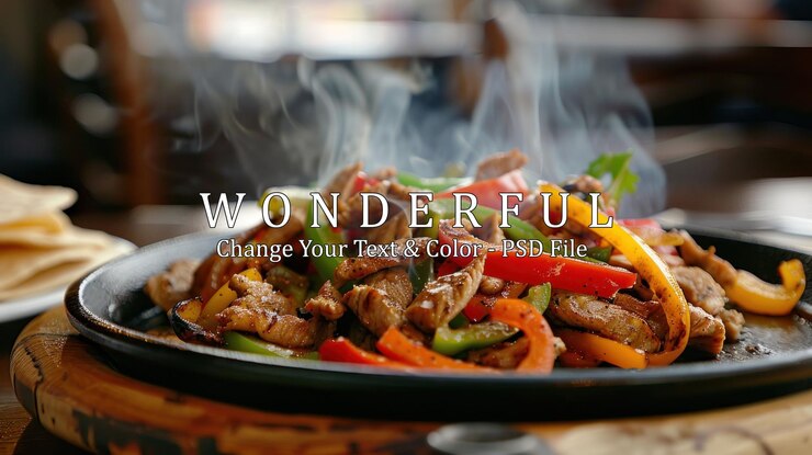 PSD delicious and spicy fajitas on a hot sizzling plate