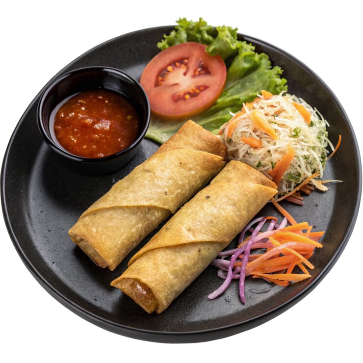 PSD delicious spring rolls with sauce and vegetables