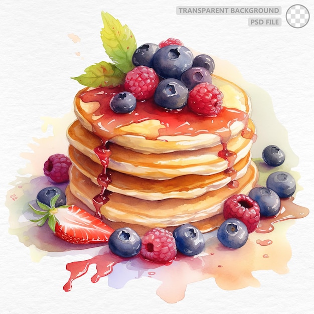 Delicious stack of pancakes with syrup and fresh berries