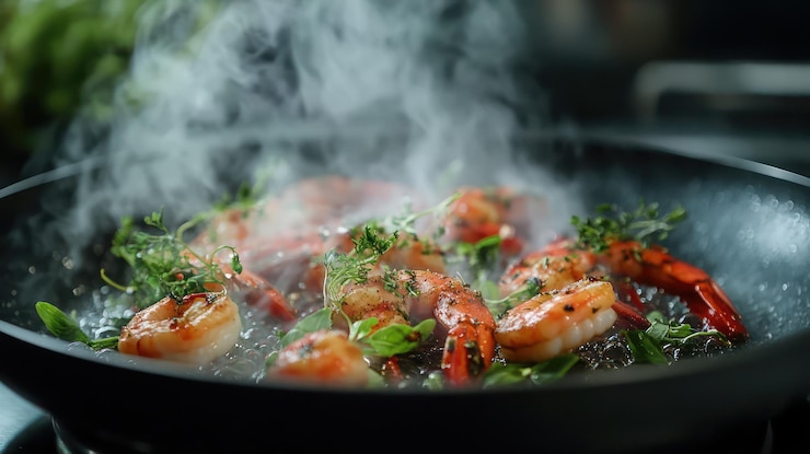 PSD delicious steaming shrimp sizzling in pan