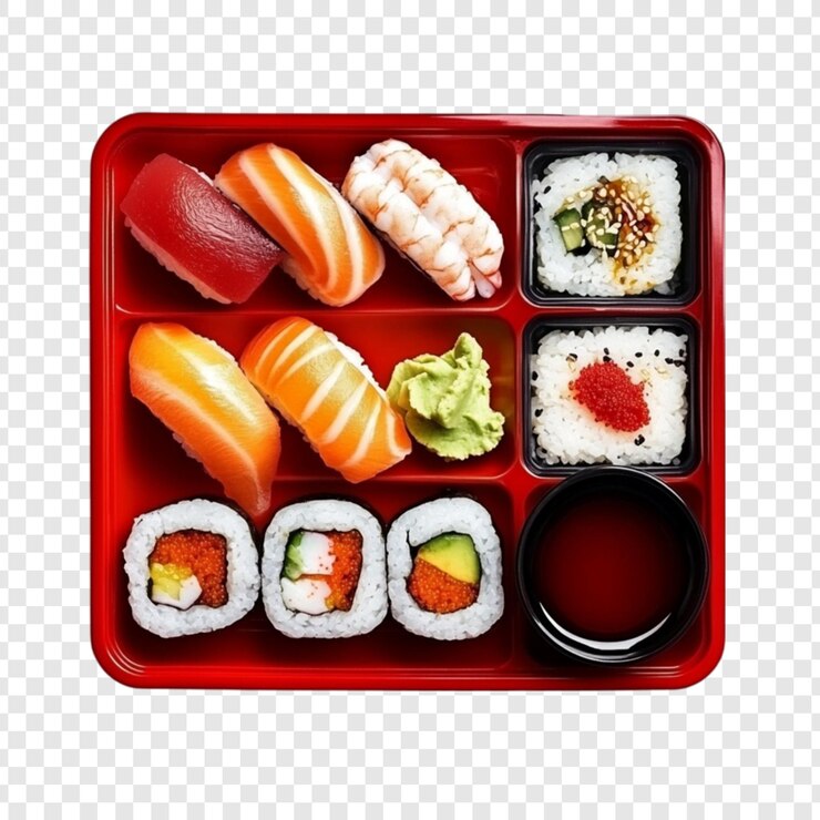 PSD delicious sushi bento box fresh seafood rice rolls wasabi soy sauce