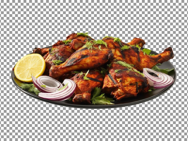 Delizioso piatto di pollo tandoori con fette di verdure e lime su sfondo trasparente