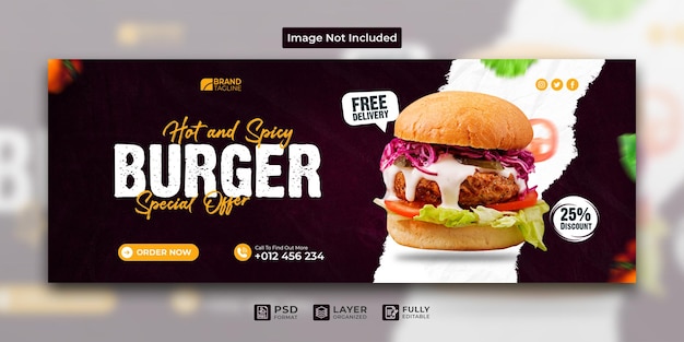 PSD delicious tasty burger and restaurant fast food menu social media promotion facebook banner template