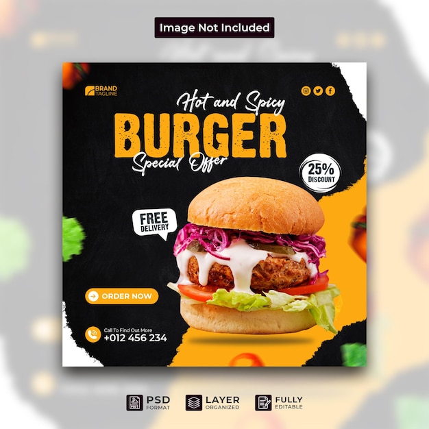 PSD delicious tasty burger and restaurant fast food menu social media promotion square banner template