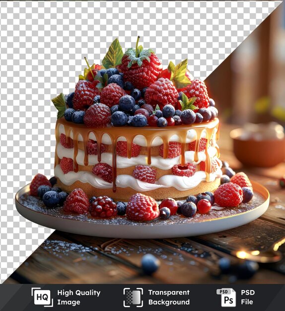 PSD delicious vanilla cake adorned with berries and icing on a wooden table