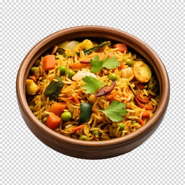 delicious vegetable biryani in a bowl on white