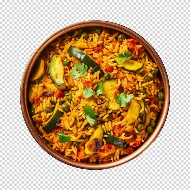 delicious vegetable biryani in a bowl on white