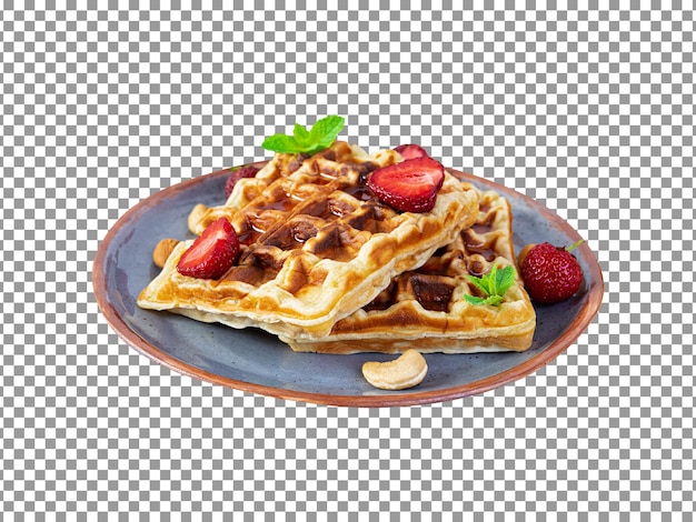 PSD delicious waffles with strawberries and almonds on plate with transparent background