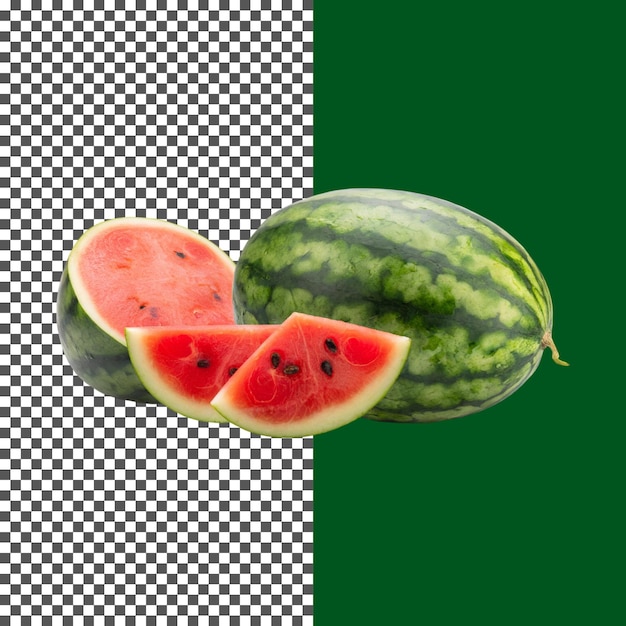 透明な背景にジューシーな赤い内部と種子を示す美味しいスライスウォーターメロン png psd
