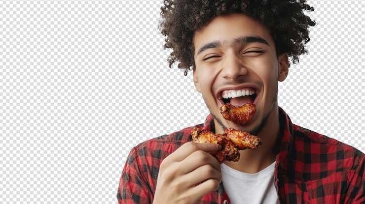 PSD delicious young man enjoying spicy chicken wings with a smile perfect for food blogs and social media content