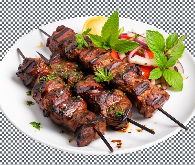 Delicious and yummy kebabs skewered and grilled pieces isolated on white background