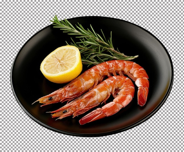 美味しく作られたエビ新鮮なローズマリーとレモンのスライスで麗な黒い皿に飾られた