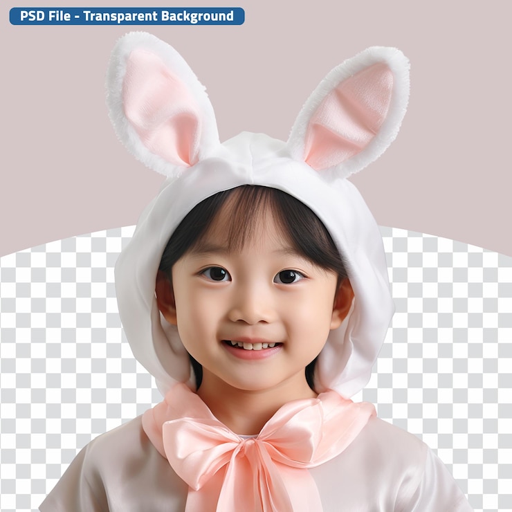 PSD 喜悅的亞洲小女孩穿著復活節的子服裝