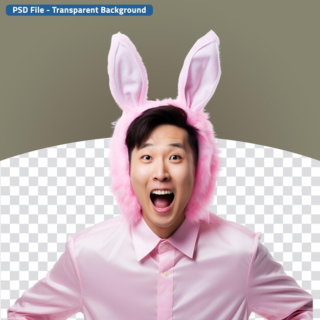 PSD delighted man from asia donning an easter bunny costume