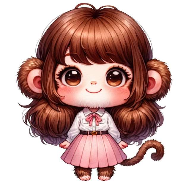 PSD a delightful chibi girl monkey wearing a white blouse and a pink skirt