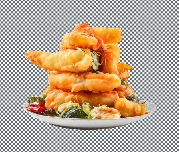 Delightful and yummy veggie tempura with dipping sauce isolated on transparent background