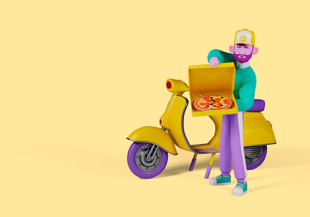 Illustrazione 3d di consegna con persona che tiene la pizza accanto allo scooter