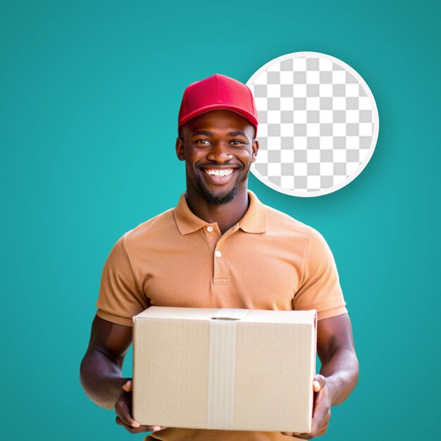 PSD delivery african american man in yellow polo shirt and cap standing with cardboard boxes looking aside