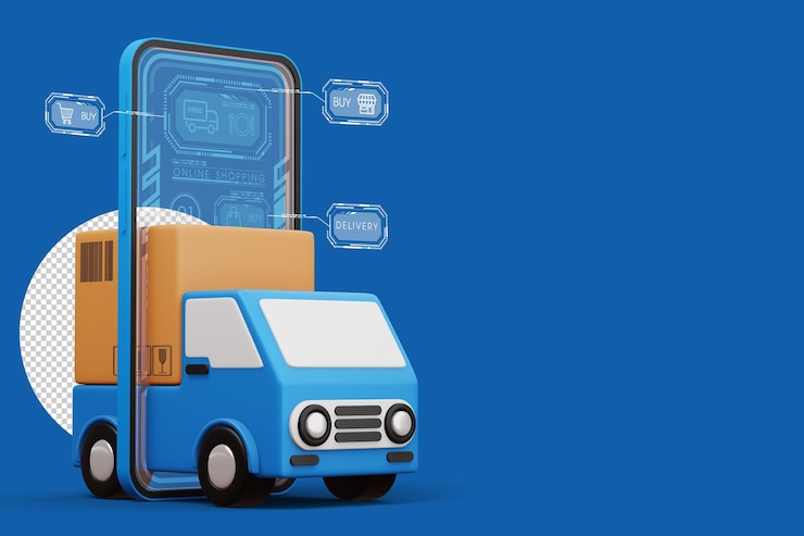 PSD delivery car with phone and parcel box transport vehicle 3d rendering