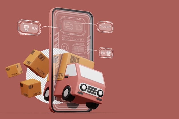 Delivery car with phone and parcel box transport vehicle 3d rendering