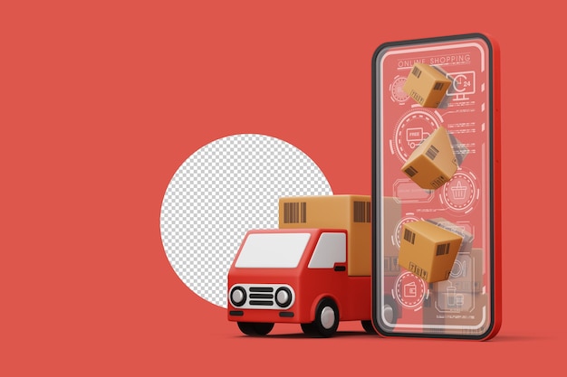 Delivery car with phone and parcel box transport vehicle 3d rendering