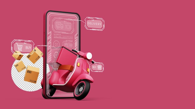 PSD servizio di consegna corriere shopping online moto con cassetta dei pacchi rendering 3d