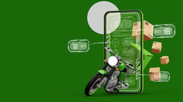 Delivery courier service online shopping motorcycle with parcel box 3d rendering