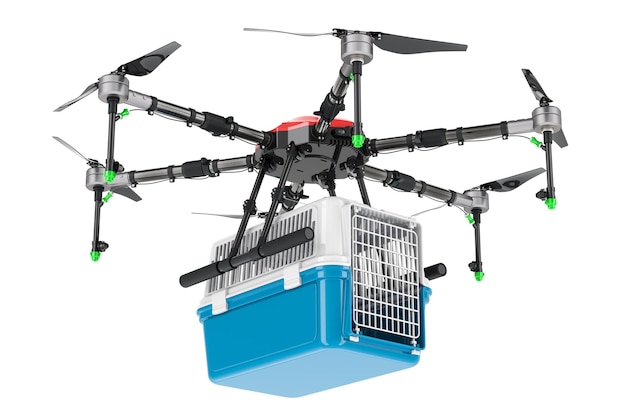 Delivery drone with pet travel plastic cage 3D rendering isolated on transparent background