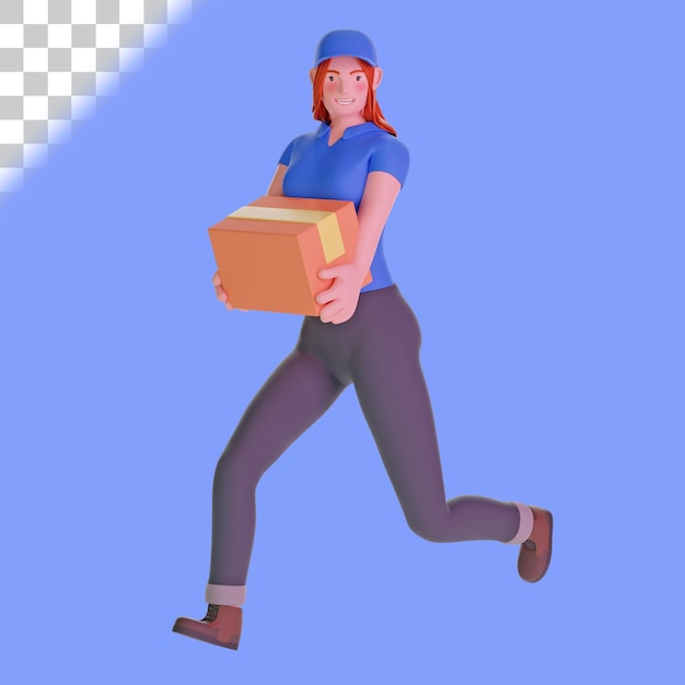 PSD delivery girl running fast holding cardboard package 3d illustration