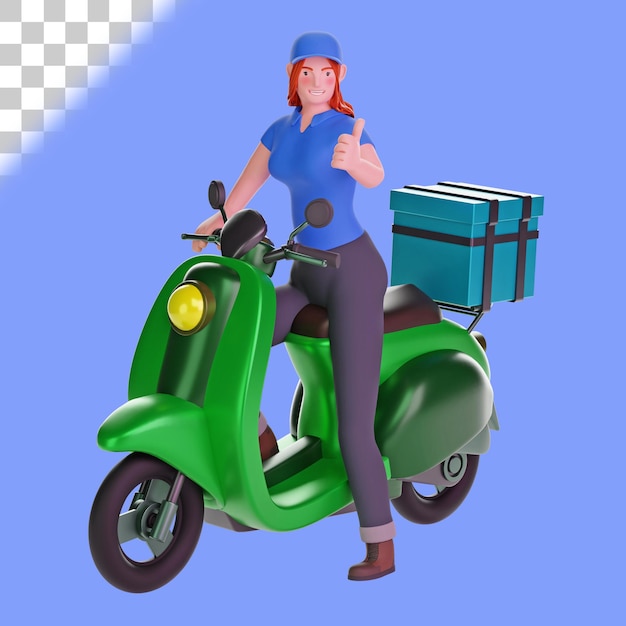 Delivery girl thumbs up hand gesture while riding motorcycle 3d illustration