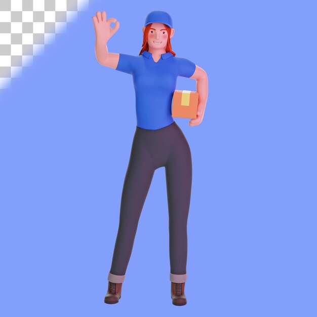 Ragazza delle consegne in uniforme con un gesto della mano ok 3d illustration