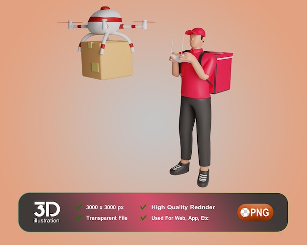 PSD delivery guy in red uniform stands with the big bag 3d illustration cartoon character