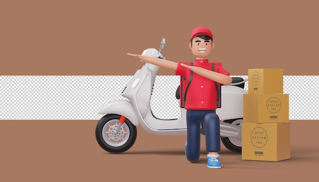 Delivery man doing dabbin with motorcycle, 3d rendering