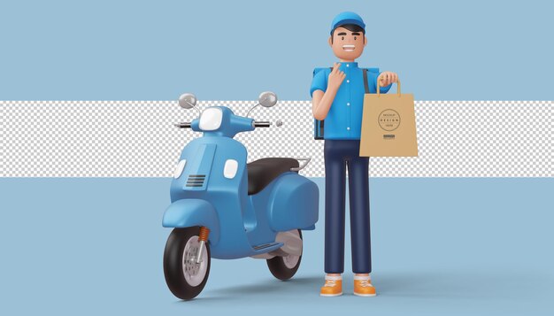 Delivery man doing mini heart with hands and hold a shopping bag, 3d rendering