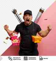 PSD delivery man employee black cap and blank tshirt uniform holding arrow and food containers looking camera yelling angry and annoyed standing in front of pink wall