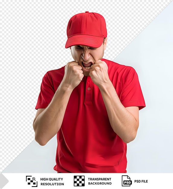 Delivery man employee red cap blank tshirt uniform looking stressed and nervous biting his fist standing in front of a white wall with a hairy arm and hand visible in the foreground