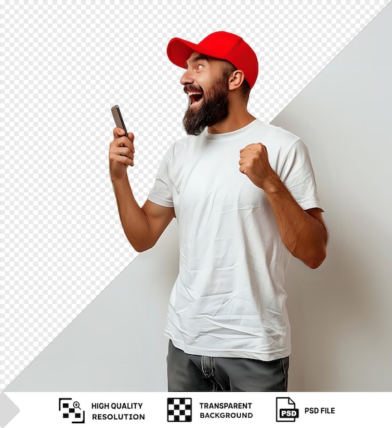 PSD delivery man employee red cap blank tshirt uniform talking mobile phone crazy happy and excited raising clenched fist standing in front of white wall