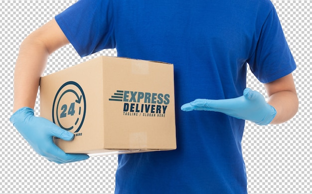 Delivery man hand in medical gloves holding cardboard box mockup template