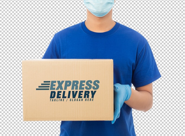 delivery man hand in medical gloves holding cardboard box mockup template