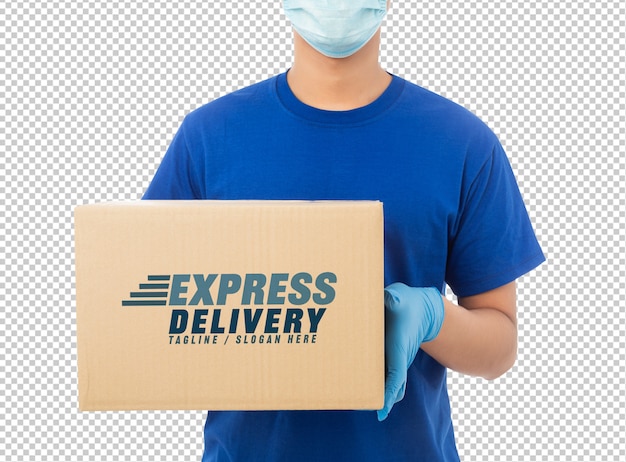 Delivery man hand in medical gloves holding cardboard box mockup template