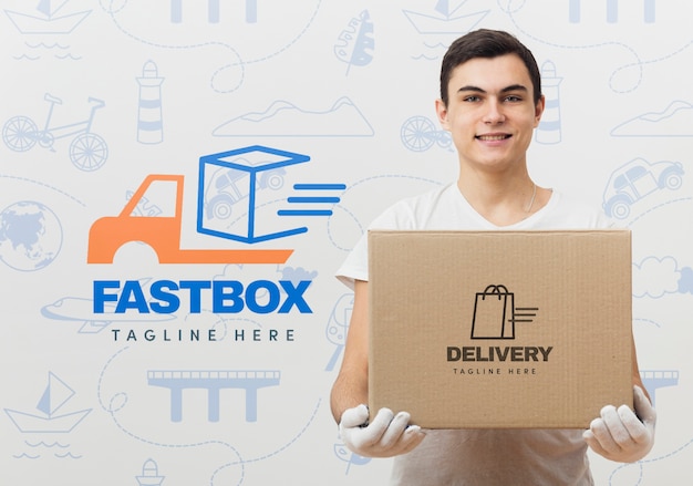 Delivery man holding box mock-up